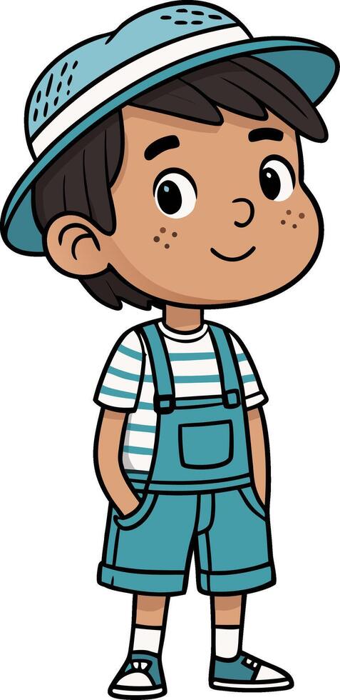 Cheerful Young Boy Character Design in Casual Summer Outfit with Hat and Suspender Shorts vector
