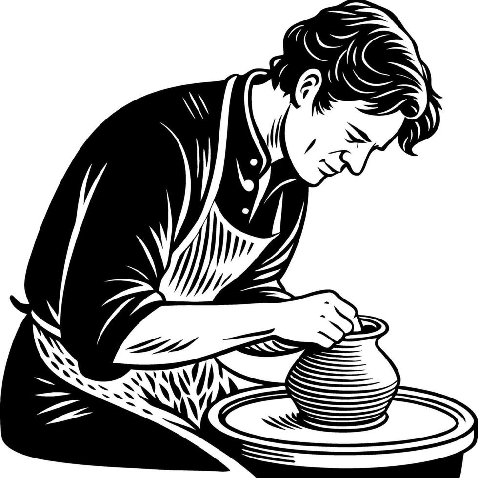 Potter Shaping Clay with Focused Expression in Artisan Studio Crafting Unique Ceramics vector
