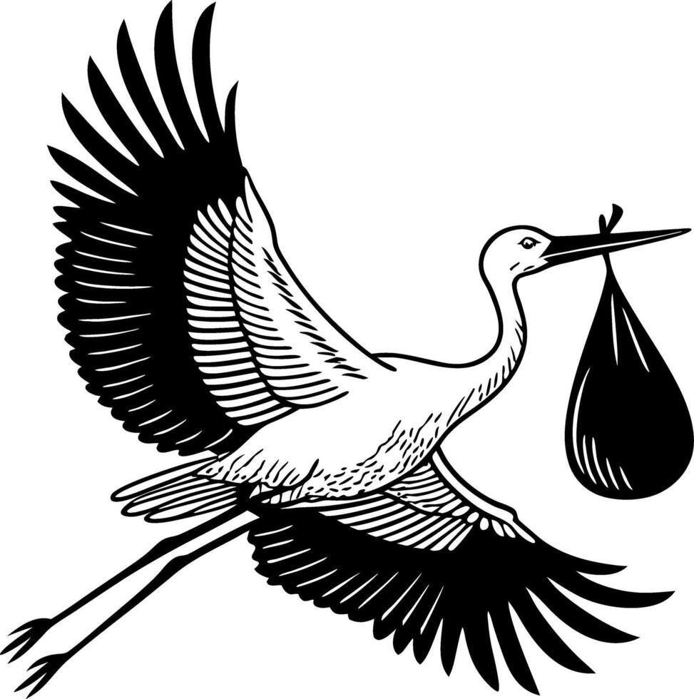 Elegant Stork Carrying Baby Bundle in Flight Ideal for Nursery Decor and Baby Shower Invitations vector