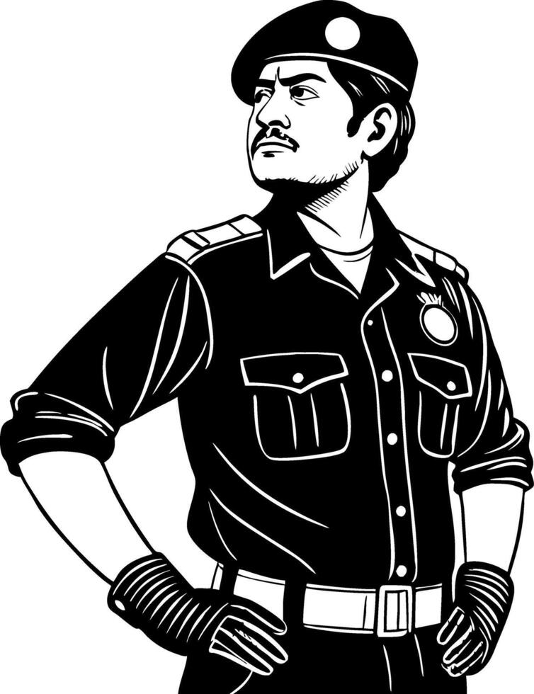 Confident Male Officer in Black Uniform with Beret and Gloves Powerful Stance Art vector