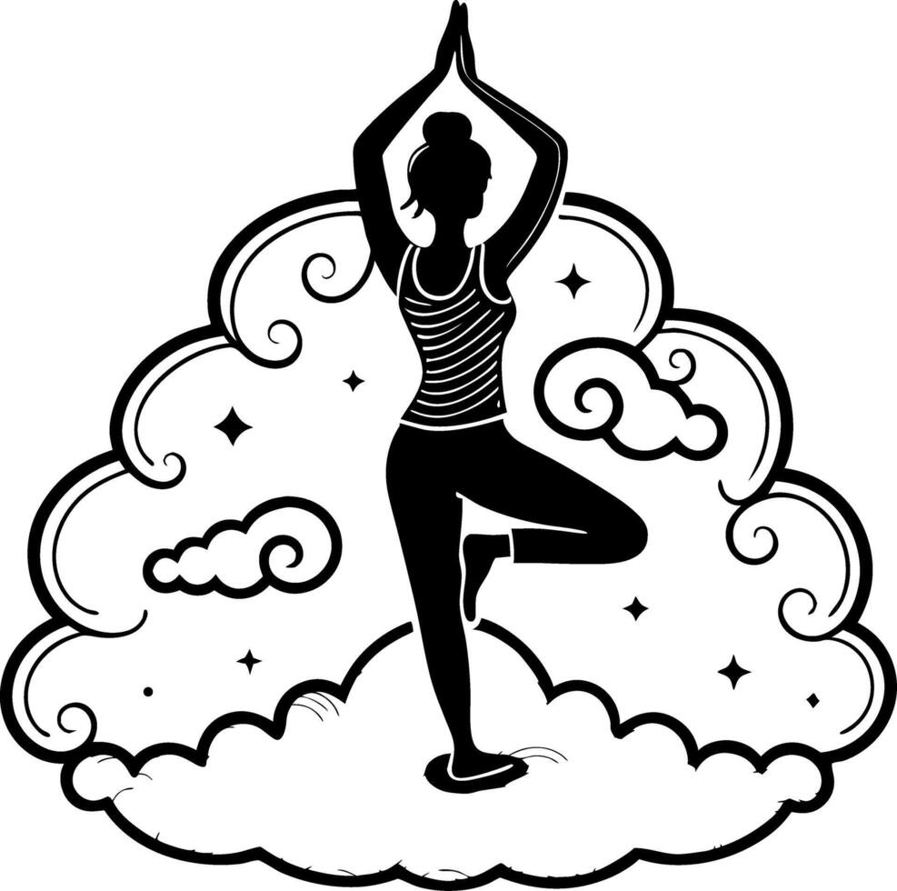 Meditating Woman Silhouette in Yoga Pose Surrounded by Clouds and Stars for Relaxation Artwork vector