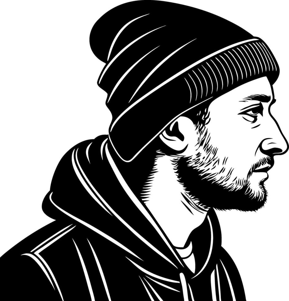 Stylized Profile Illustration of a Man in Beanie and Hooded Sweatshirt for Graphic Design Projects vector