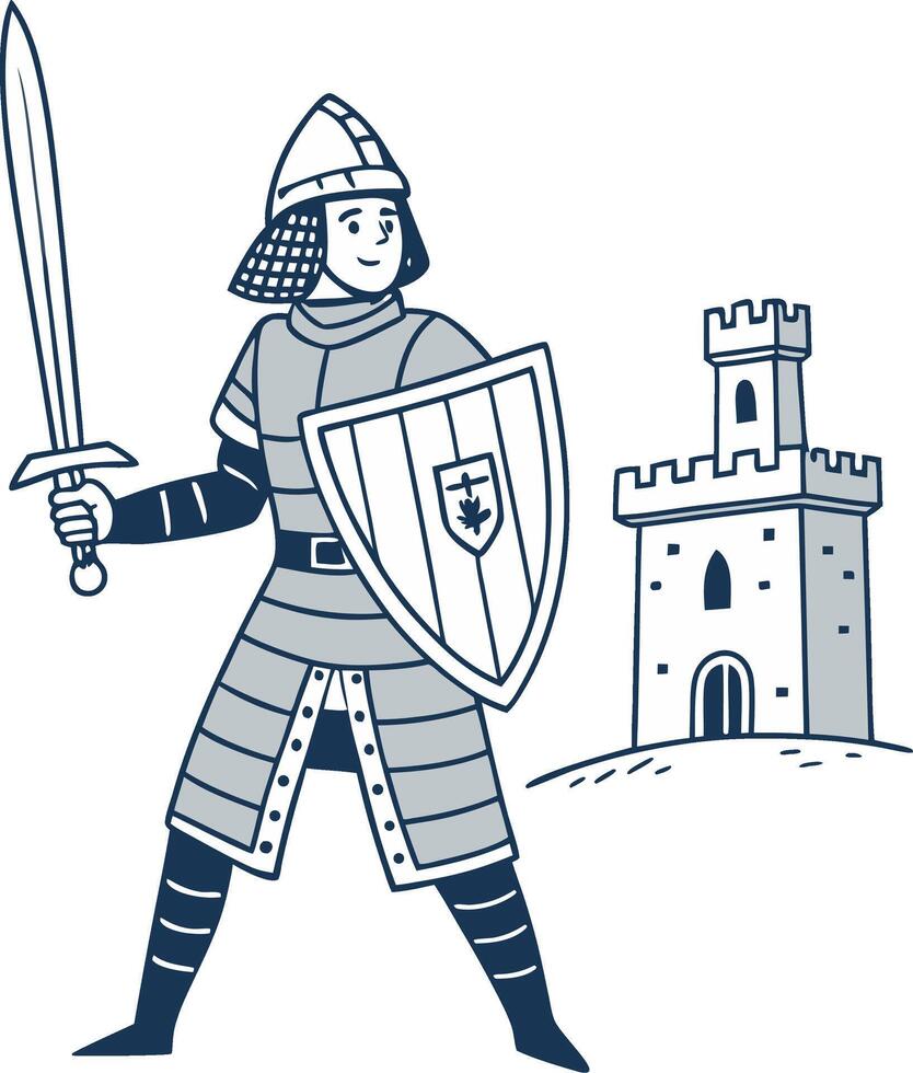 Knight with Shield and Sword Standing Near Castle Illustration for Designs vector