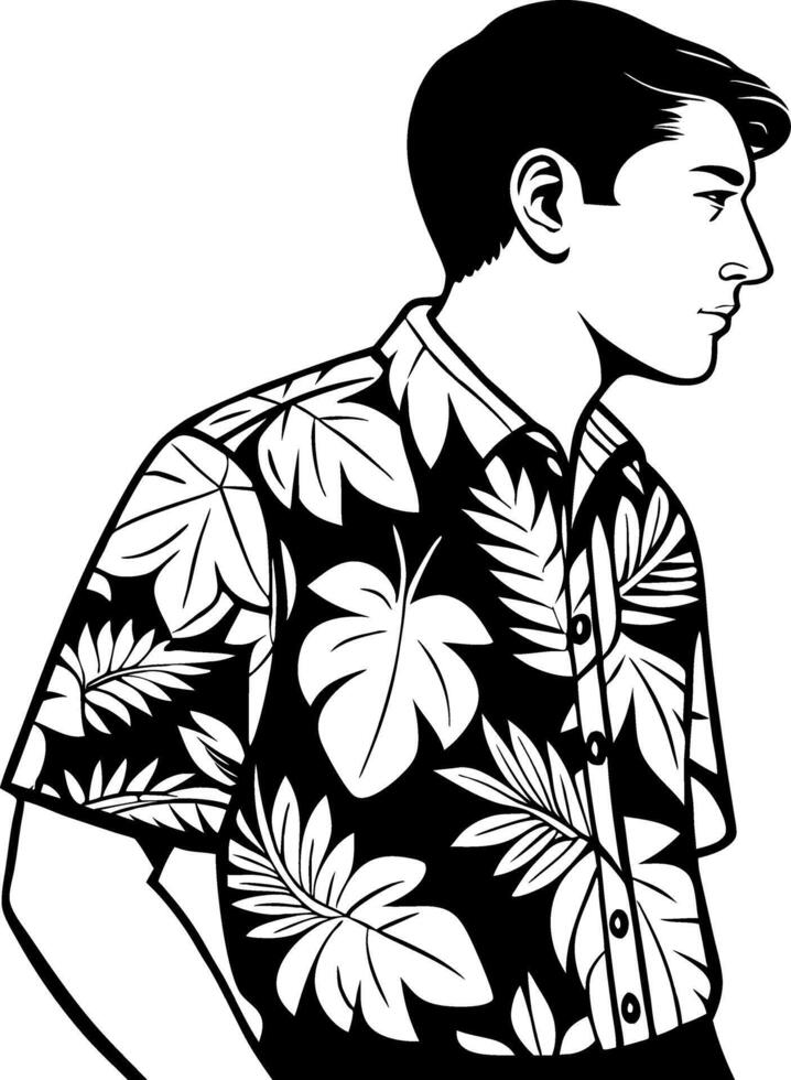 Stylish Man in Tropical Leaf Print Shirt Outline for Fashion and Design Projects vector
