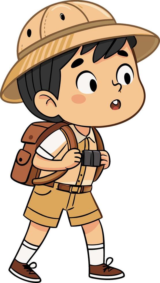 Adventurous Young Explorer with Backpack and Camera in Safari Outfit vector