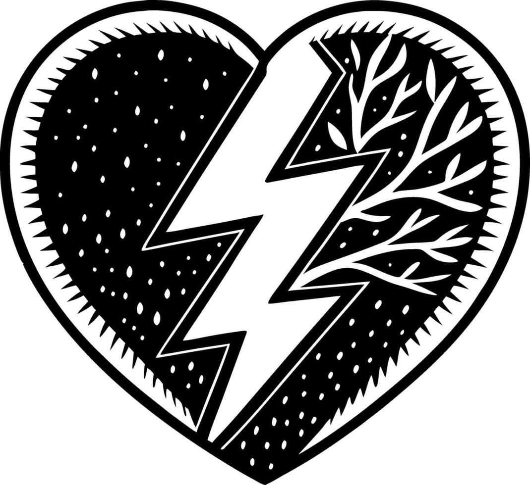 Heart with Lightning and Branches Symbolizing Love and Resilience for Tattoo Design vector