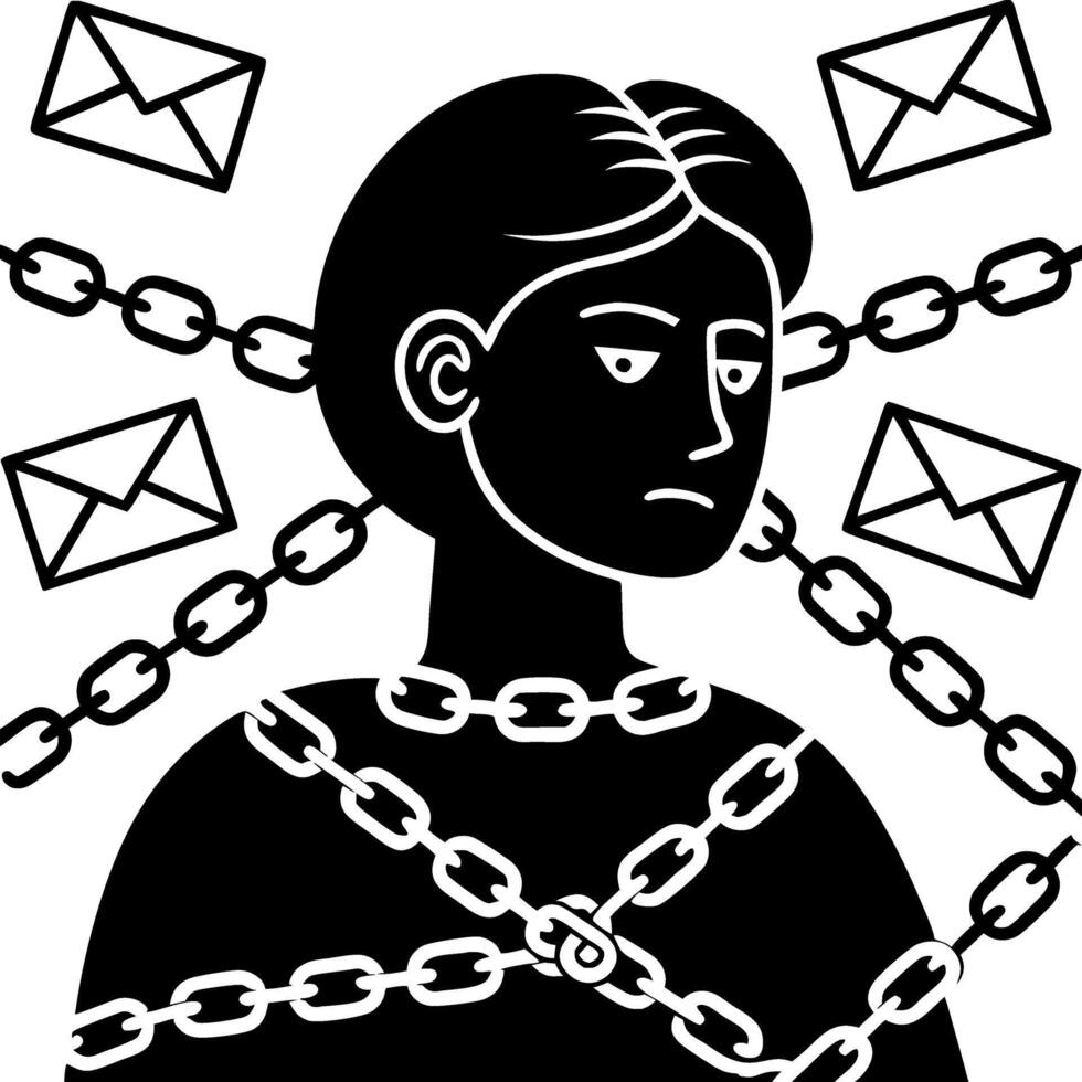 Emotional Burden Black and White Illustration of Person Bound by Chains with Envelopes vector