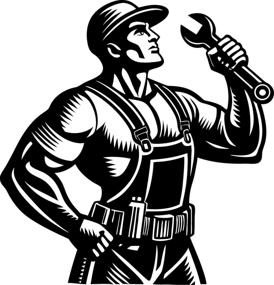 Strong Mechanic Holding Adjustable Wrench in Work Uniform Emphasizing Strength and Determination vector