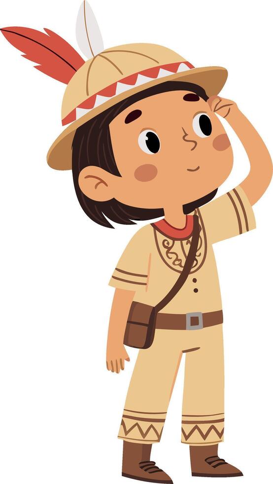 Cheerful Native American Boy in Traditional Outfit with Feathered Hat Cartoon Illustration vector