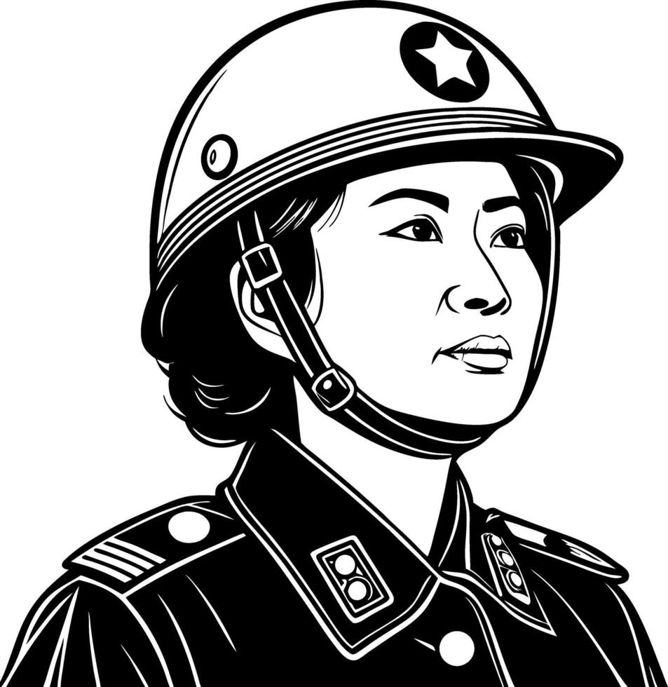 Detailed Illustration of a Female Military Officer in Uniform with Helmet vector