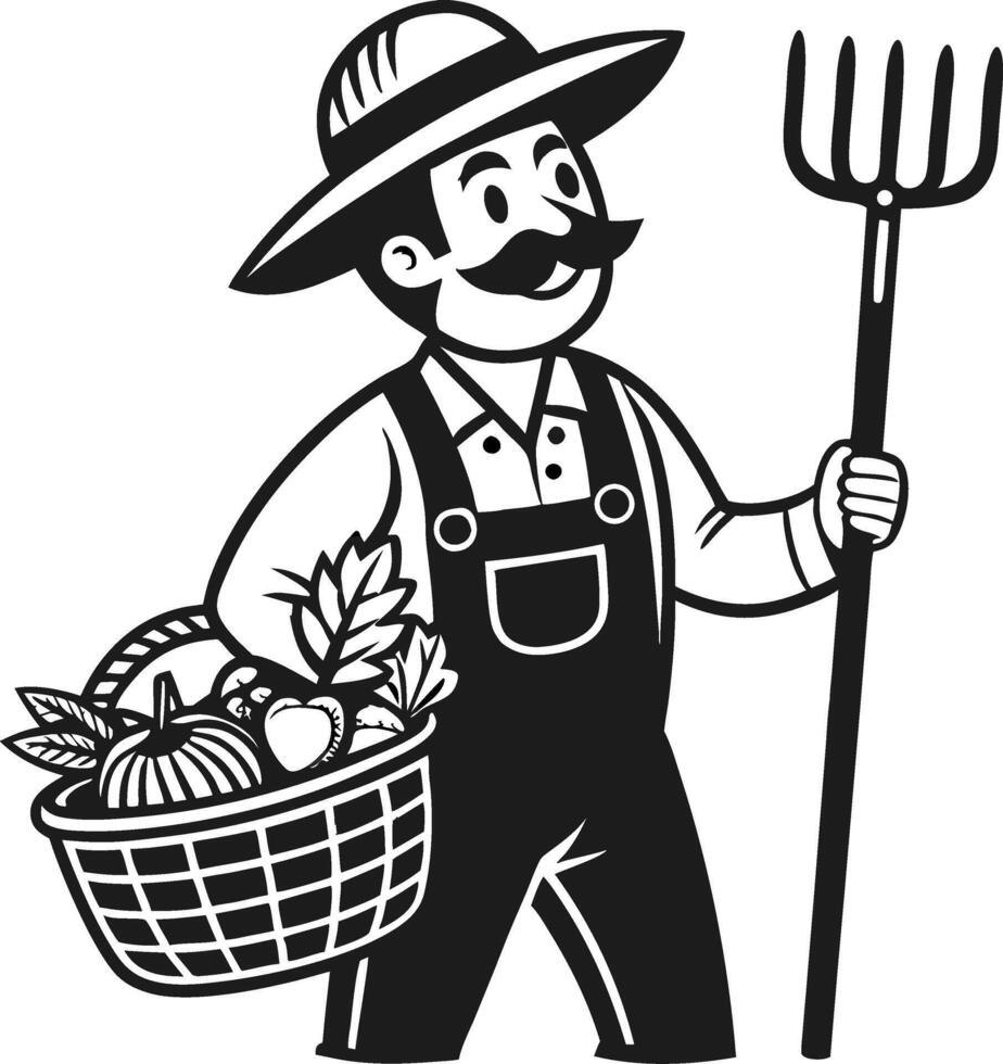 Happy Farmer Holding Basket of Fresh Produce and Pitchfork Rustic Agriculture Illustration vector