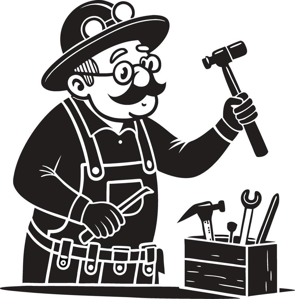 Vintage Craftsman Holding Hammer and Tools in Toolbox for DIY Projects and Home Improvement vector