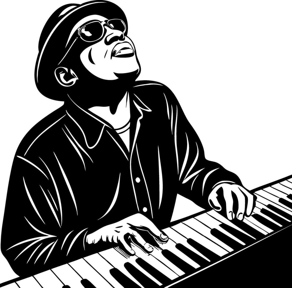Jazz Pianist Playing Keys with Passion in Black and White Illustration vector