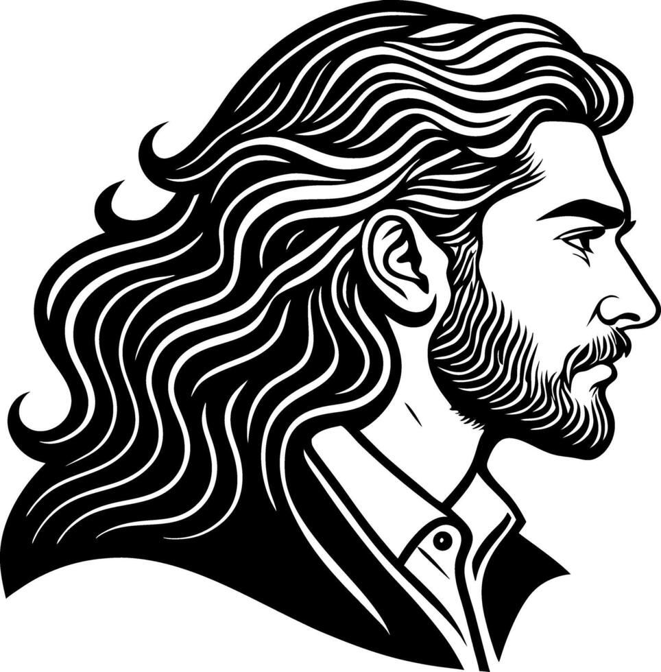 Stylized Profile Illustration of a Man with Long Wavy Hair and Beard Ideal for Tattoo Designs vector