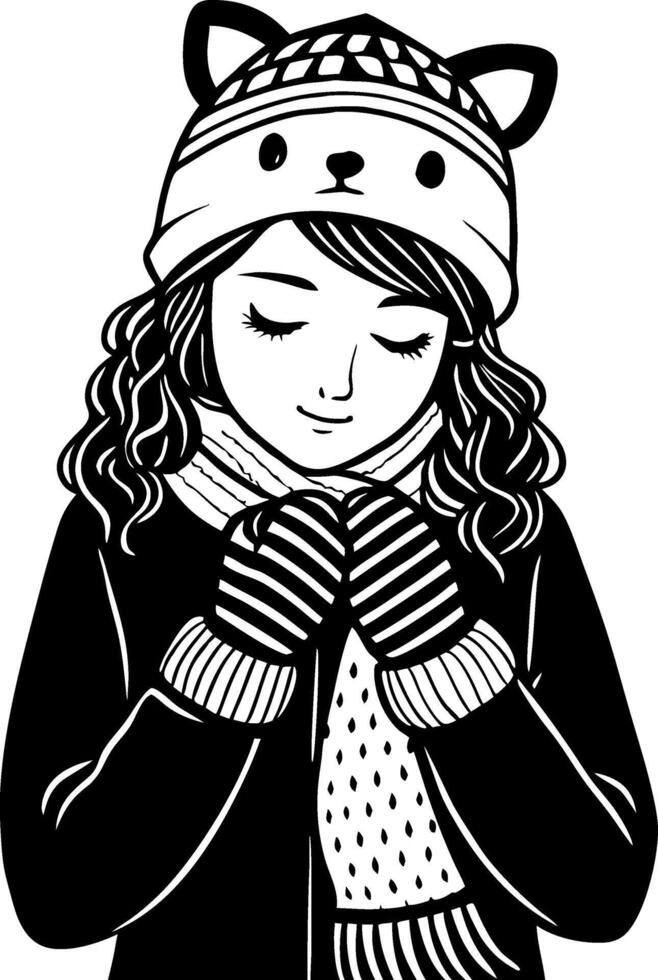Cozy Girl in Adorable Cat Hat and Gloves Enjoying Winter Vibes and Warmth vector
