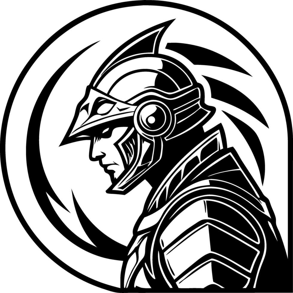 Powerful Armored Warrior Profile Silhouette Ideal for Tattoo Design and Graphic Illustrations vector