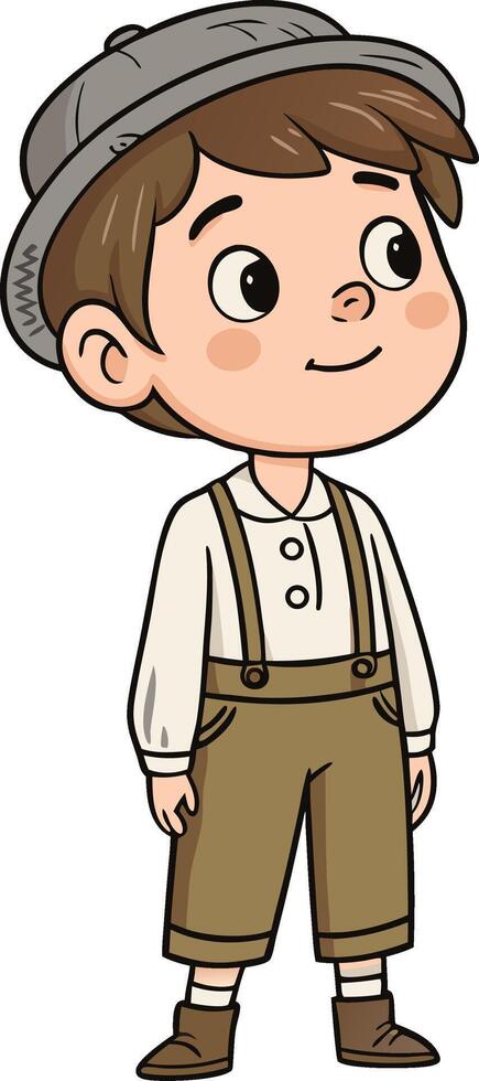 Happy Cartoon Boy in Retro Outfit with Suspenders and Cap Smiling Cheerfully vector