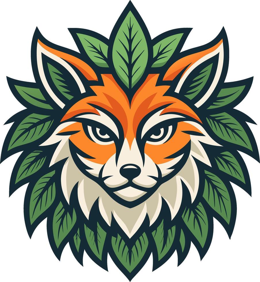 Fox with Leaves Design for Nature and Wildlife Lovers Tattoo or Coloring Book Illustration vector