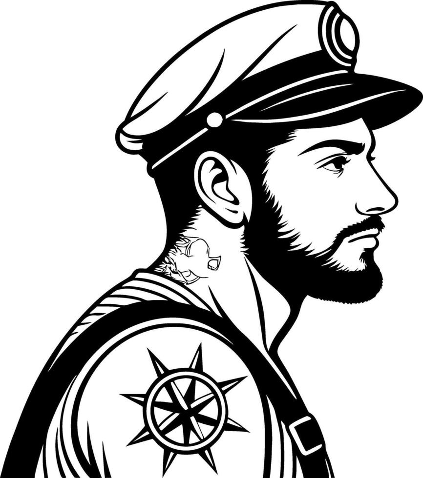 Detailed Illustration of a Bearded Sailor in a Captains Hat with Nautical Tattoo Design vector