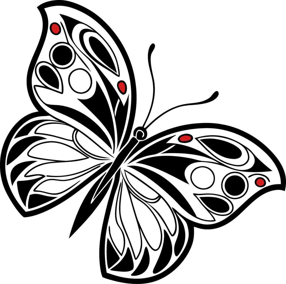 Elegant Black and White Butterfly Design with Red Accents for Tattoo or Coloring Book vector