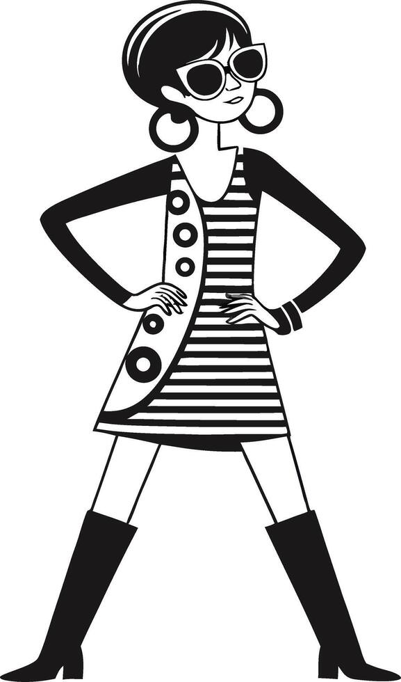 Stylish Retro Fashion Illustration of a Mod Girl in Striped Dress and Sunglasses vector