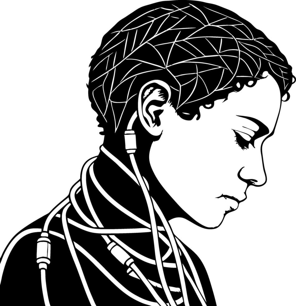 Profile of a Thoughtful Woman with Woven Hair and Audio Cables for Creative Design vector
