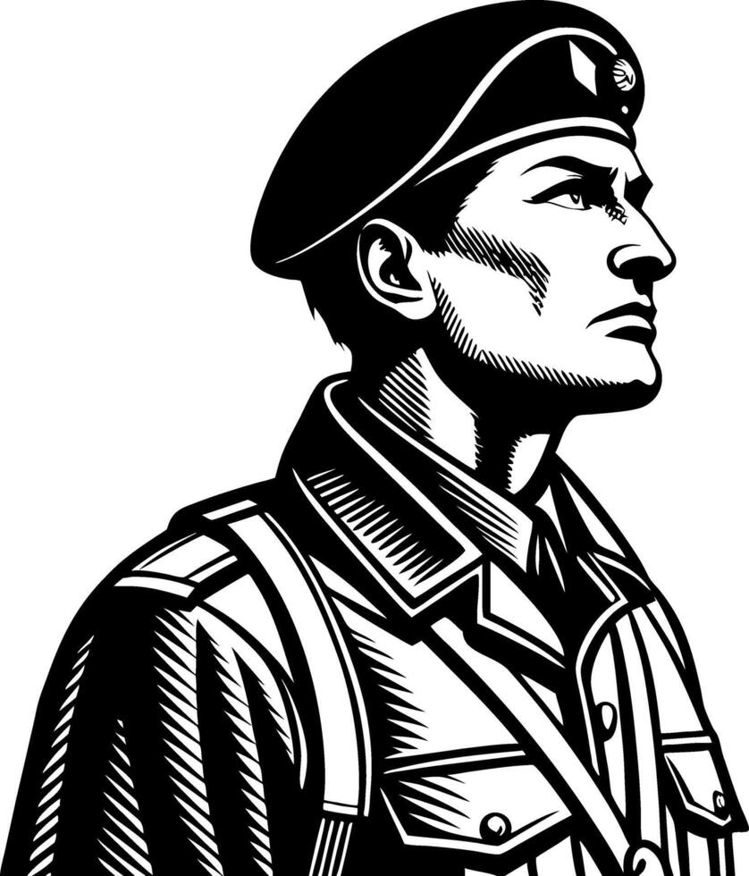 Detailed Black and White Illustration of Military Soldier in Uniform with Beret vector