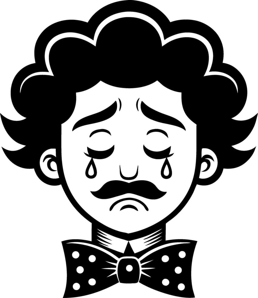 Sad Cartoon Clown Face with Tear Drops and Polka Dot Bow Tie for Tattoos and Illustrations vector