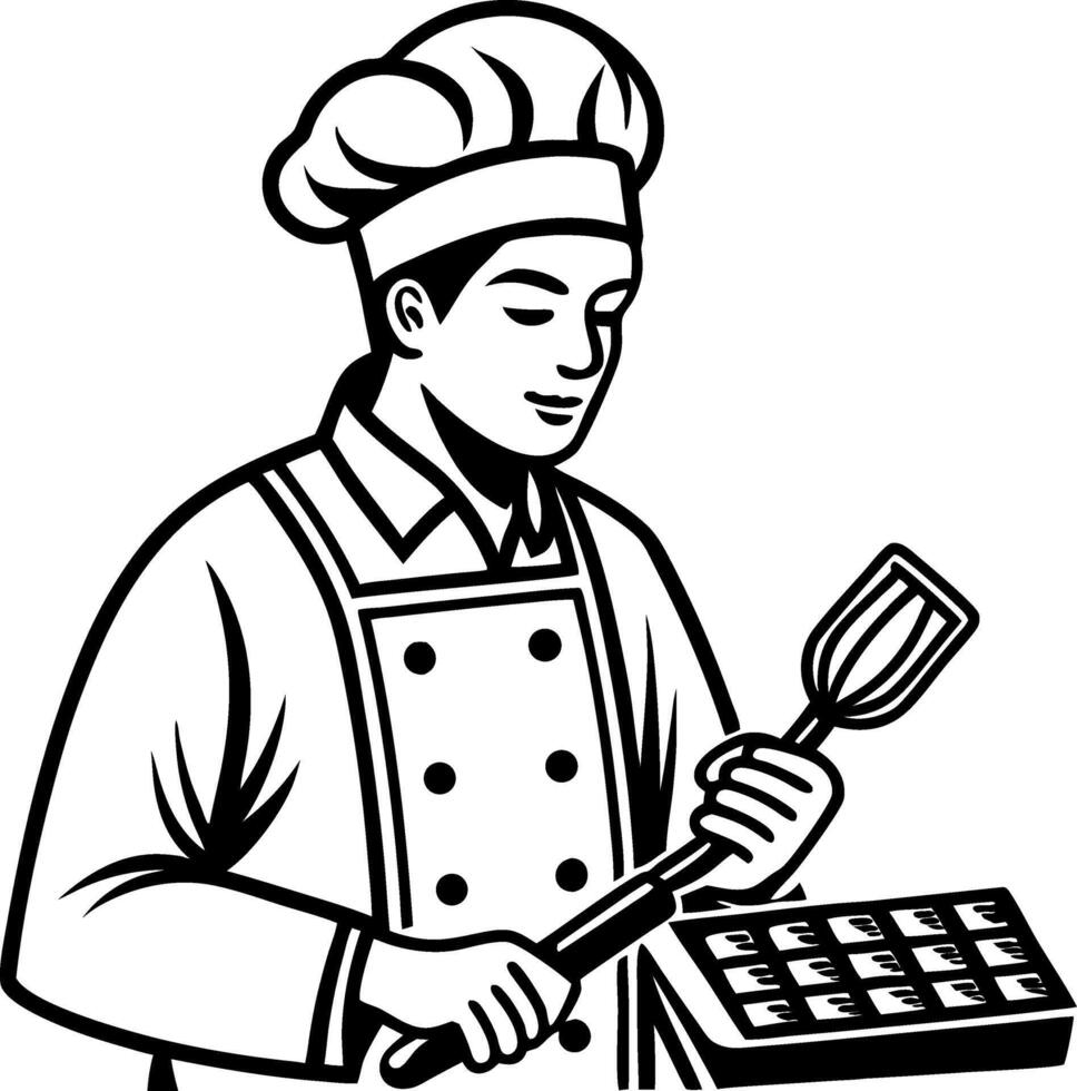 Chef Preparing Delicious Food with Spatula in Culinary Kitchen Setting vector