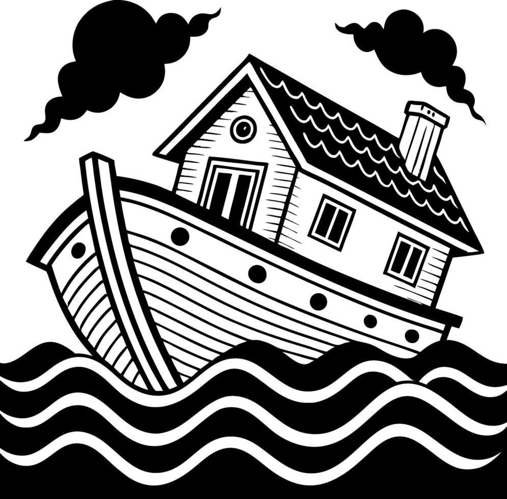 Whimsical Houseboat Sailing on Waves with Clouds for Creative Design Projects vector