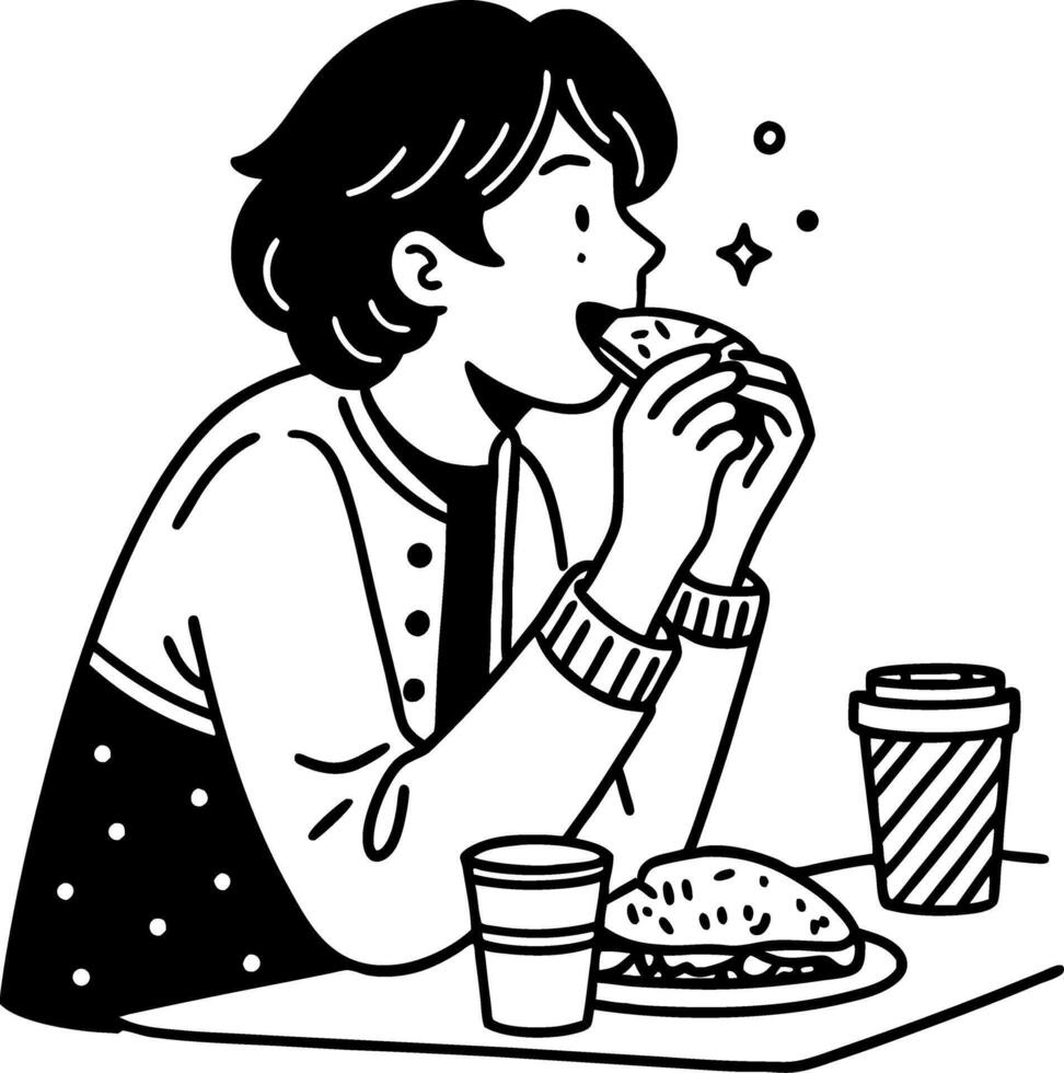 Person Enjoying Delicious Sandwich and Coffee in Cozy Cafe Setting vector