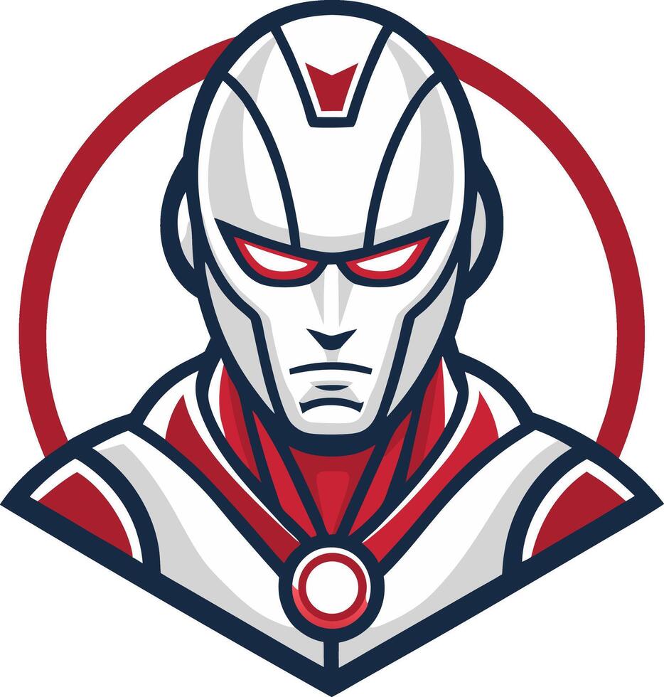 Futuristic Robot Hero with Metallic Armor and Red Accents Ideal for Branding and Merchandise vector