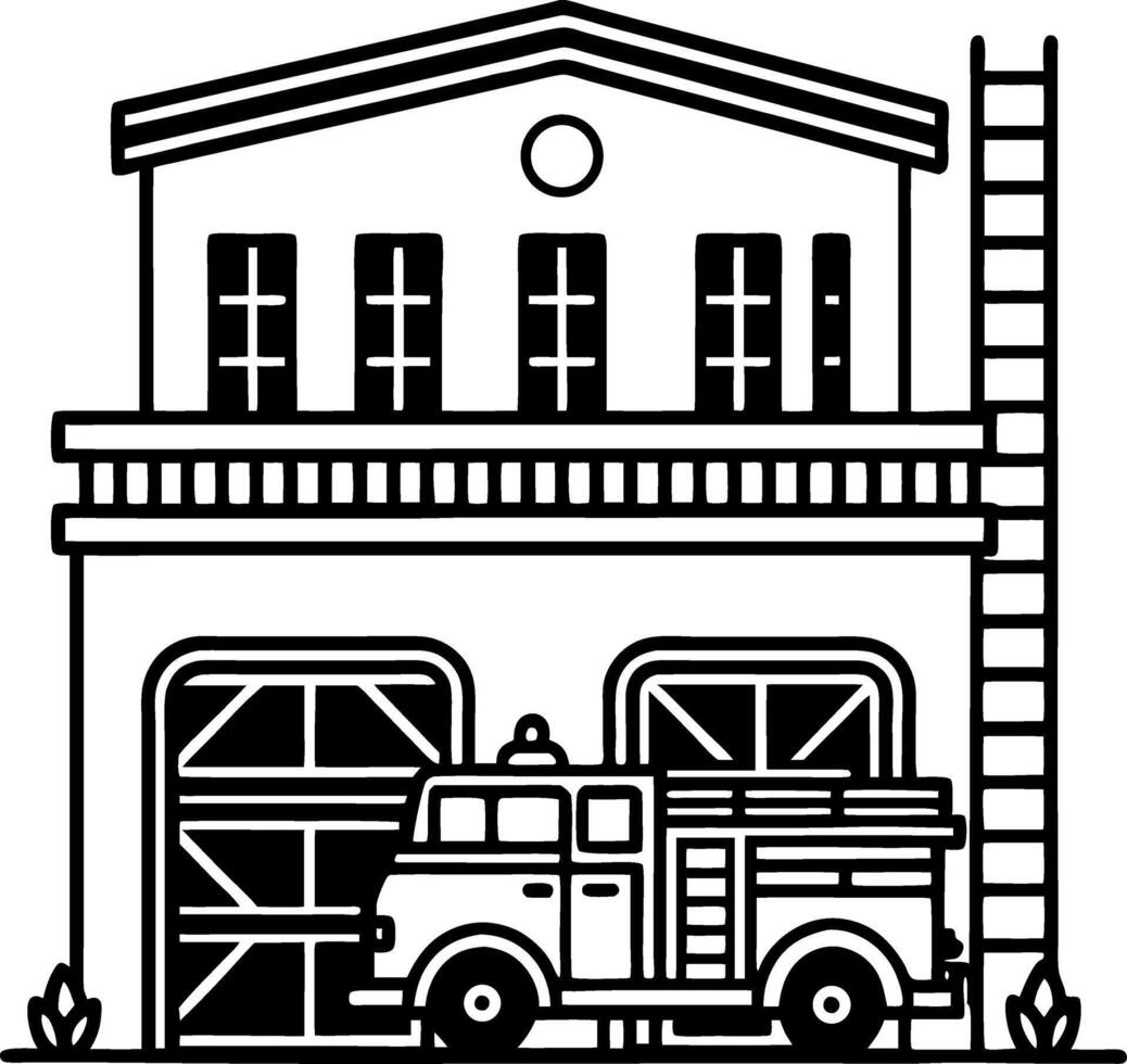 Fire Station Illustration Featuring Classic Fire Truck and Detailed Architecture vector
