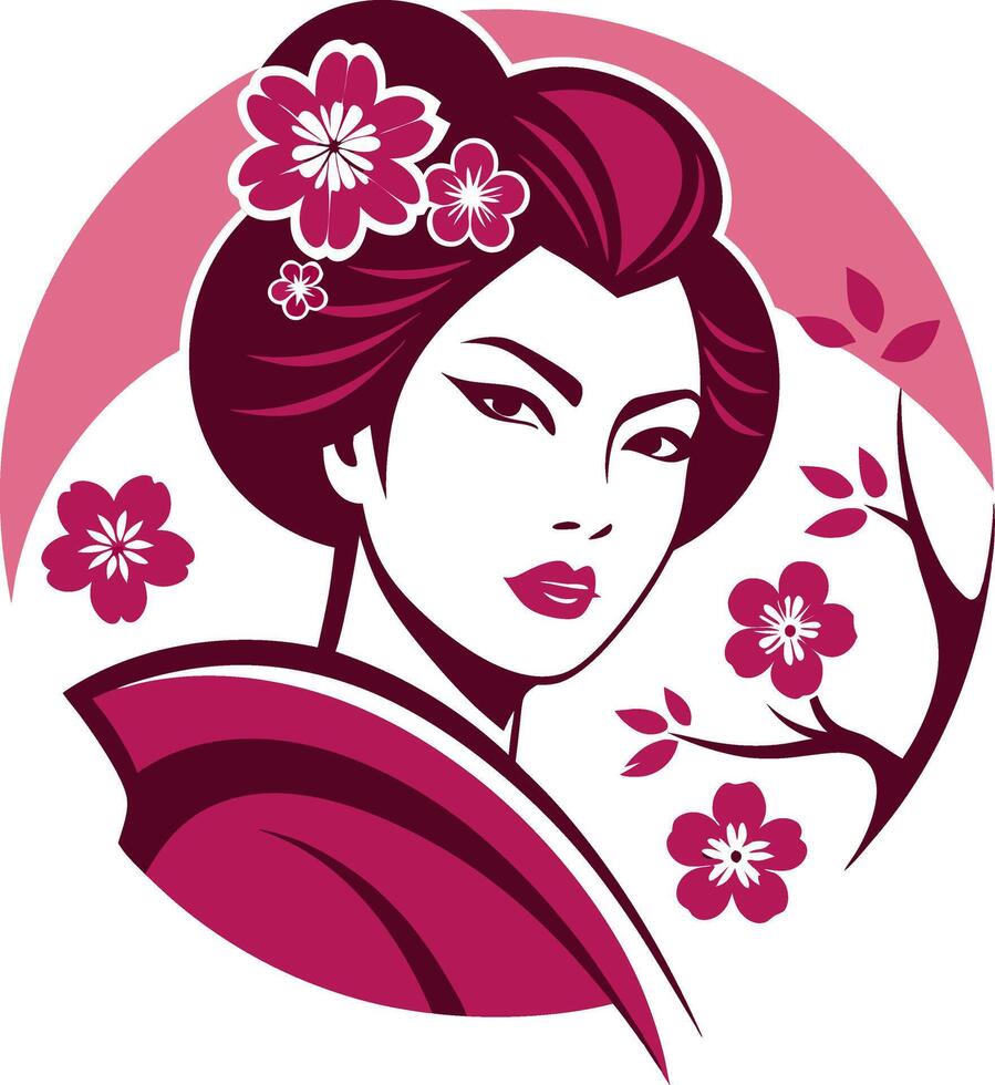 Elegant Japanese Woman Portrait with Cherry Blossoms in Vibrant Pink Color Palette vector