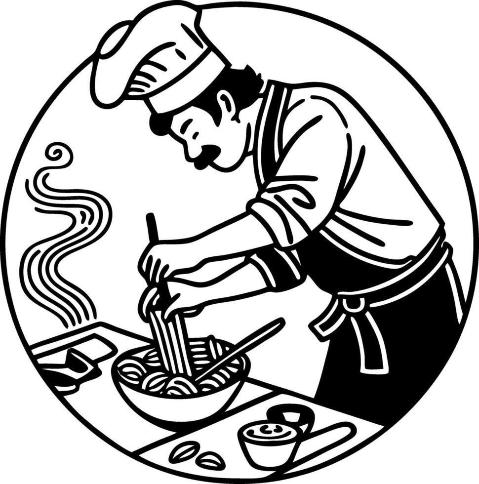 Chef Cooking Noodles in a Bowl with Steam Rising in a Kitchen Illustration vector