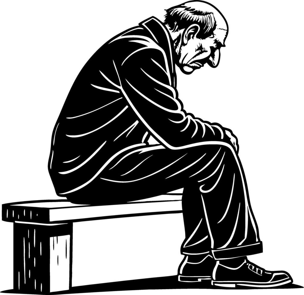 Pensive Elderly Man Sitting on Bench Illustration for Emotional Art Projects vector