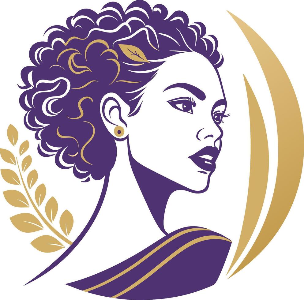 Elegant Woman with Curly Hair in Profile Surrounded by Leaves for Logo and Tattoo Design vector