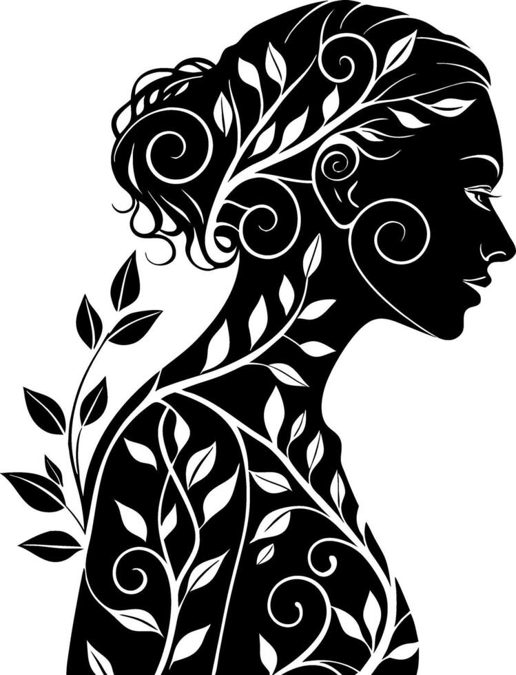 Silhouette of a Woman with Intricate Leafy Vine Designs Ideal for Tattoo and Art Applications vector
