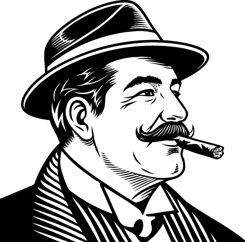 Vintage Gentleman Portrait with Cigar and Bowler Hat Illustration for Unique Design Projects vector