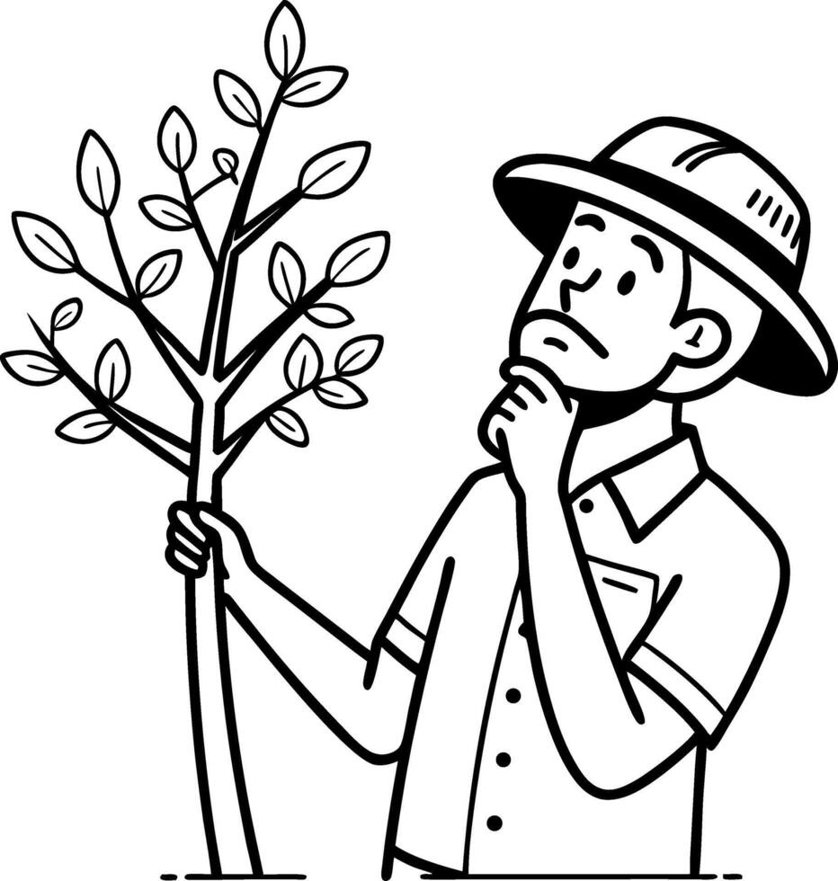 Thoughtful Gardener Holding Branch with Leaves Contemplating Nature and Plant Care vector