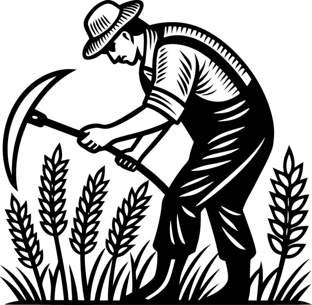 Vintage Farmer Harvesting Wheat with Scythe in Field Black and White Illustration vector