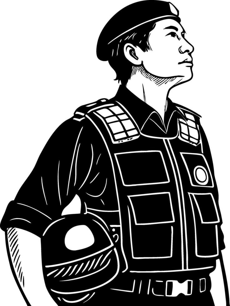 Military Style Security Personnel in Uniform with Helmet Looking Upward Illustration vector