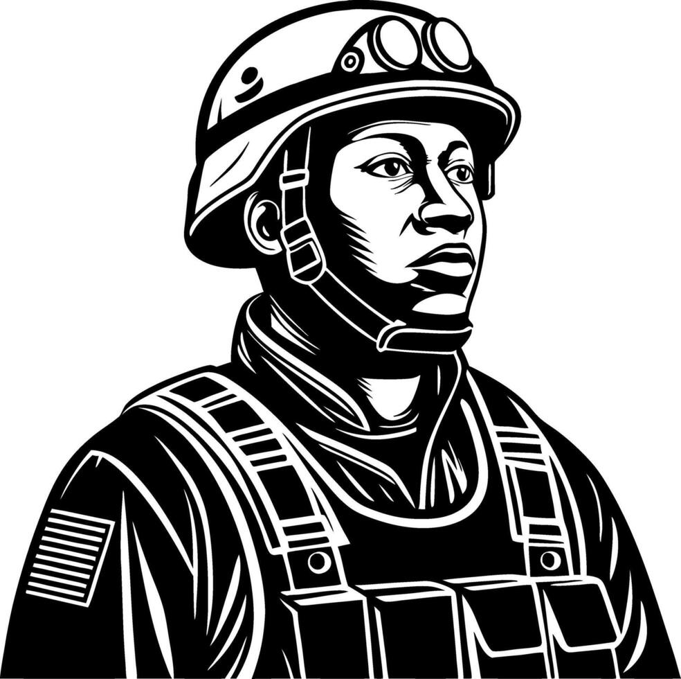Detailed Black and White of a Soldier with Helmet and Tactical Gear vector