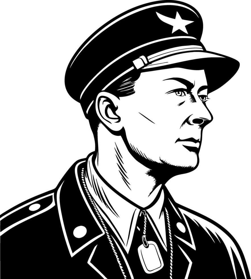 Vintage Military Officer Portrait in Black and White Stylish Illustration vector