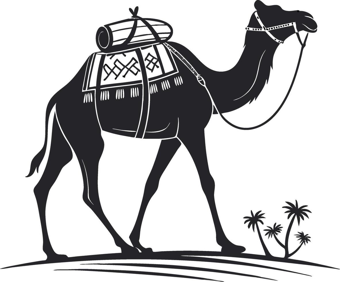 Elegant Camel Silhouette with Saddle and Palm Trees for Bohemian Zen Decor and Travel Themes vector