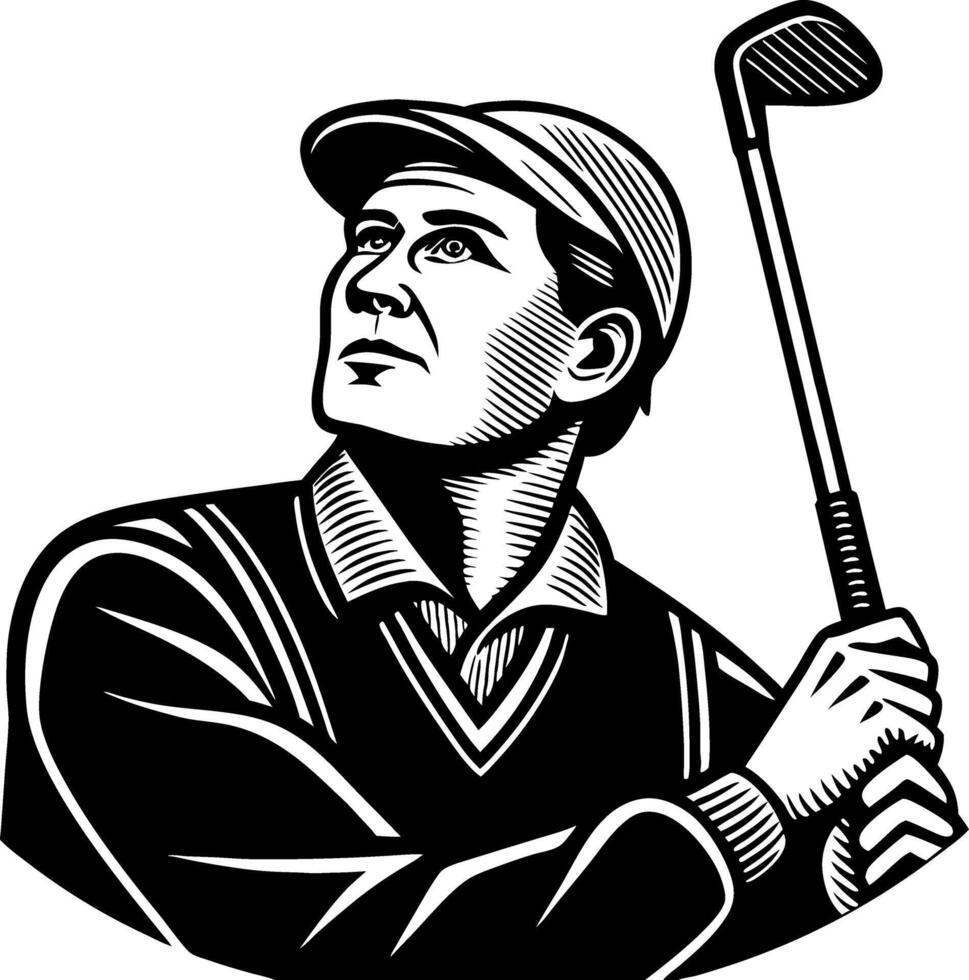Vintage Golfer Swinging with Determination in Classic Attire for Golf-Themed Designs vector