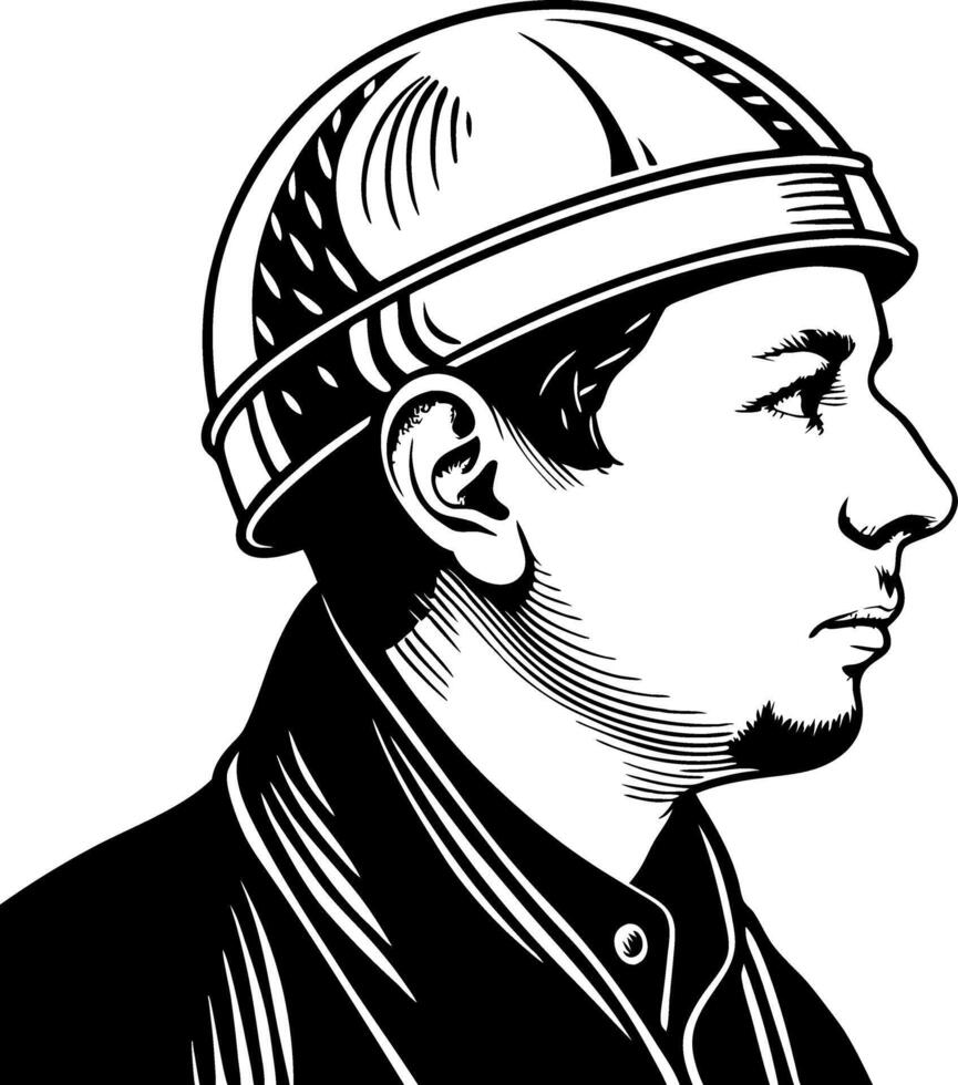 Detailed Vintage Portrait of a Worker in a Hard Hat Profile for Illustrative Designs vector