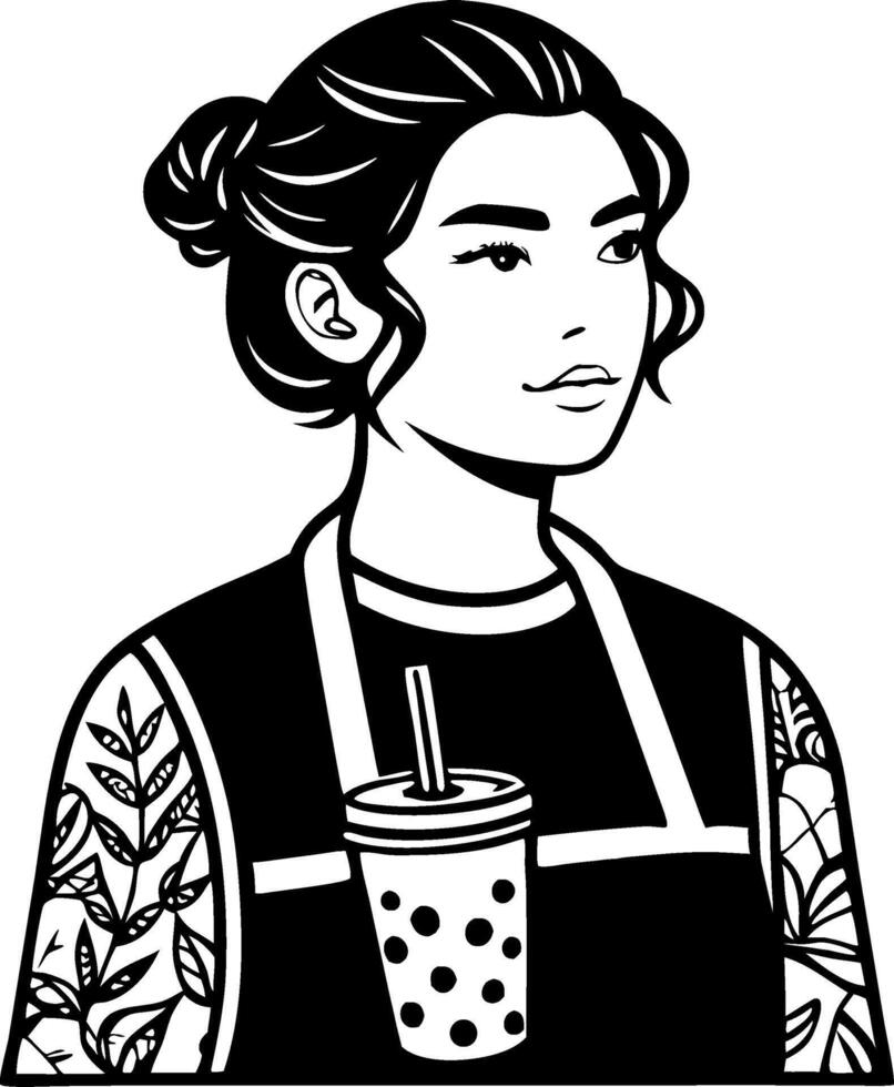 Stylish Barista with Floral Tattoos and Drink Illustration for Creative Projects vector