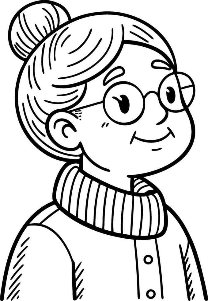 Charming Line Art Illustration of a Smiling Old Woman with Glasses and a Cozy Sweater vector