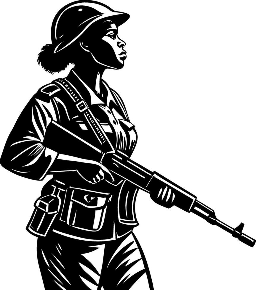 Strong Female Soldier Standing Proudly with Rifle in Tactical Gear vector